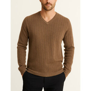 Apt. 9 Cashmere V-Neck Ribbed Sweater Brown Long Sleeve Pullover Men's Size XL